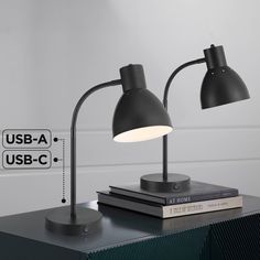 two black lamps sitting on top of a table next to books and a usb - a - hub sign