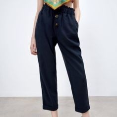 Zara Flowy Flap Pocket Pants Size: X Small Color: Navy Art: 8073/040/711 Front 2 Side Pockets 3 Brown Botton Detail Down The Middle Rn: 77302 Chic Navy Bottoms For Fall, Spring Navy Pants With Elastic Waistband, Casual Navy Bottoms For Spring, Casual High Waist Navy Pants, Navy High Waist Casual Pants, Chic Navy Straight Leg Pants, Chic Navy Straight Pants, Navy Casual Bottoms For Work, Navy Ankle-length Casual Pants