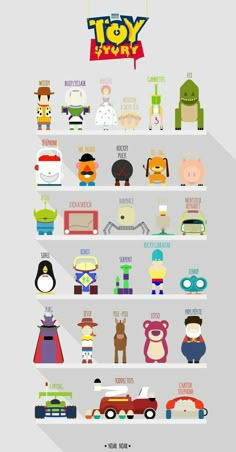 the toy story movie poster with characters and their names in different colors, sizes and shapes