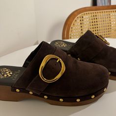 Nw Brand New Vince Camuto Brown Suede Clogs With Cute Gold Button Details And Wooden Bottom. Super Cute, Size 7.5/38 Clogs Heels, Suede Clogs, Platform Clogs, Clog Heels, Swim Shoes, Strappy Sandals Heels, Vince Camuto Shoes, Leather Slides, Womens Clogs