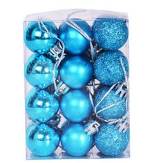 blue and silver christmas ornaments in a clear box