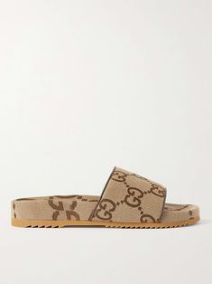 Shop GUCCI Sideline Monogrammed Canvas Slides, Explore the latest in-season GUCCI collection today on MR PORTER Gucci Slippers Men, Gucci Slide, Natural Leather Sandals, Gucci Slippers, Slides For Men, Poolside Outfit, Fake Ft Call, Gucci Collection, Slides Outfit