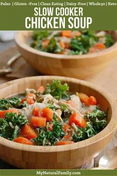 two wooden bowls filled with chicken and vegetables