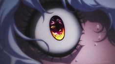 an eye with long blue hair and yellow eyeshade is seen in this anime image