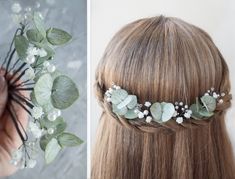 Bridal sage greenery hair piece with handmade eucalyptus, babys breath hair flowers and pearl hairpins for your special day. Realistic floral hair clips look amazing in any hair style. It's amazing realistic bridal hair pins (or bobby pins). Be sure Your hair style will be gorgeous with these wedding hair pins Check out a 15 sec video of this bridal headpiece Please note, flowers and eucalyptus in floral wedding headpiece are not factory. I make each petal by myself from foam EVA. Which is absol Foliage Hair, Greenery Hair Piece, Half Wreath, Wedding Eucalyptus, Floral Headpiece Wedding, Floral Hair Clip, Pearl Hair Pins, Hair Flowers, Flower Headpiece