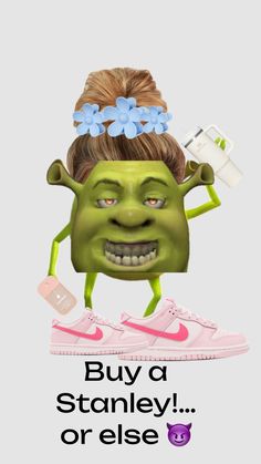 a cartoon character with a green mask on top of a sneaker and the words buy a stanley or else