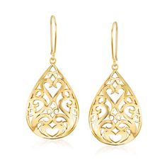 Ross-Simons - 18kt Gold Over Sterling Openwork Teardrop Earrings. Our artisanal earrings add a touch of luxury to your everyday style. Handcrafted in polished 18kt yellow gold over sterling silver, these teardrop designs showcase a gorgeous openwork pattern. They also make the perfect addition to your formal wear! Hanging length is 1 7/8". Earwire, 18kt yellow gold over sterling silver openwork teardrop earrings. Elegant Sterling Silver Filigree Teardrop Earrings, Elegant Pierced Teardrop Pendant Earrings, Formal Filigree Teardrop Earrings, Elegant Filigree Teardrop Earrings For Gift, Elegant Gold Teardrop Pierced Earrings, Yellow Gold Teardrop Earrings With Intricate Design, Teardrop Yellow Gold Earrings With Intricate Design, Elegant Filigree Teardrop Earrings, Elegant Filigree Teardrop Drop Earrings