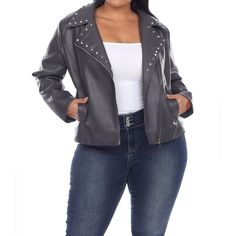 This Faux Leather Jacket Is An Essential And The Ultimate Finishing Touch To Any Outfit. It's The Perfect Asymmetric Biker Jacket, Accentuated With Silver-tone Metal Hardware That Will Elevate Your Wardrobe.Product Care : Machine Wash ColdMaterial : 100% Polyester Plus Size Leather Jacket Outfit, Plus Size Leather Jacket, Plus Size Leather, Leather Jacket Outfit, Studded Leather Jacket, Studded Jacket, Pu Leather Jacket, Jacket Outfit, White Mark