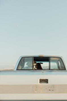 a dog sitting in the back seat of a white truck