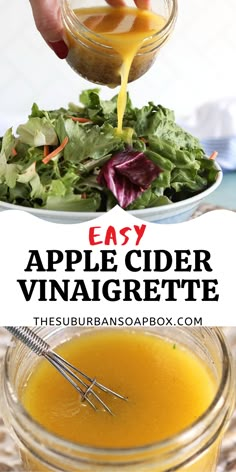 an apple cider vinaigrette is being poured into a bowl with salad in it