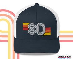 80s Retro Embroidered Trucker Hat Black Retro Trucker Hat, Retro Trucker Hat With Letter Print, Retro Hats With Letter Print And Curved Bill, Vintage Trucker Hat With Letter Print And Curved Brim, Retro Snapback Hat With Letter Print, Retro Letter Print Snapback Hats, Retro Cap Hat As Gift, Retro Snapback Hat As Gift, Retro Adjustable Trucker Hat As Gift