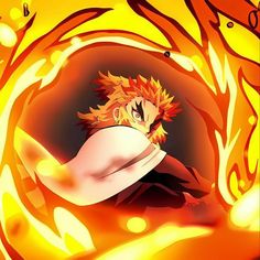 an anime character with red hair and orange eyes is in the flames, holding his arms out