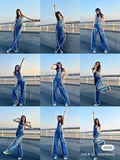 multiple pictures of a woman in blue jeans posing for the camera with her arms up