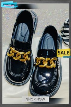 Round Toe Chain Decor Slip On Loafers Trendy Office Loafers With Chain Strap, Black Loafers With Chain Strap And Round Toe, Trendy Gold Flat Loafers, Chain Strap Loafers With Round Toe For Work, Black Chain Strap Loafers For Work, Trendy Party Loafers With Metal Feet, Trendy Gold Loafers For Work, Trendy Gold Loafers For Workwear, Chain Decor