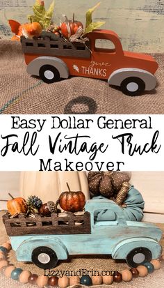 an easy dollar general fall vintage truck makeover with pumpkins and gourds