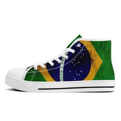 Show your pride for Brazil with our High-Top Canvas Shoes featuring the Brazilian Vintage Flag! These sneakers are the perfect way to showcase your love for the vibrant culture and heritage of Brazil. The comfortable canvas material and high-top design make these shoes perfect for everyday wear. Impress your friends and show off your Brazilian pride with these unique sneakers. Whether you're running errands or hitting the streets in style, these shoes are sure to turn heads. Get your pair now an Retro High-top Canvas Skate Shoes, Retro Canvas High-top Sneakers, Vintage High-top Canvas Sneakers, Green High-top Sneakers With Embroidered Logo, Multicolor Cotton Sneakers For Streetwear, Green High-top Canvas Shoes, High-top Textile Canvas Shoes For Streetwear, Green High-top Canvas Skate Shoes, Multicolor Canvas High-top Sneakers With Round Toe