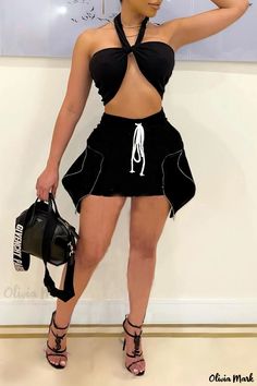 Olivia Mark - Classic Black Solid Patchwork Halter Sleeveless Two-Piece Set for Women Black Sleeveless Patchwork Top, Black Sleeveless Top With Patchwork, White Plus Size Dresses, Yellow Long Sleeve Dress, Yellow Denim, Sleeveless Suit, Womens Clothing Stores, Two Piece Dress, Two Piece Outfit