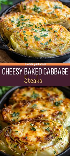 cheesy baked cabbage steaks in a cast iron skillet with text overlay