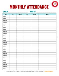 a child's attendance sheet with the words, month and months in red on it