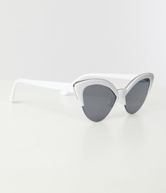 Unique Vintage White & Silver Half Rim Cat Eye Sunglasses - Unique Vintage - Womens, ACCESSORIES, SUNGLASSES Elegant White Cat Eye Sunglasses With Mirrored Lenses, Modern White Sunglasses For Party, Modern White Sunglasses For Parties, Modern White Party Sunglasses, White Polarized Sunglasses For Parties, White Polarized Sunglasses, White Cat Eye Sunglasses With Uv Protection For Parties, White Cat Eye Sunglasses For Party, Elegant White Cat Eye Sunglasses For Spring