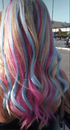 Pink Hair With Blue Highlights, Pink And Blue Hair Highlights, Skunk Hair, Mha Dr, Pink Blonde Hair, Cute Hair Colors, Hair Streaks, Dyed Hair Inspiration, Dye Ideas