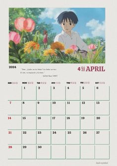 a calendar with anime characters on it and flowers in the background, as well as an image