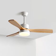 a white ceiling fan with wooden blades and light on it's side in an empty room