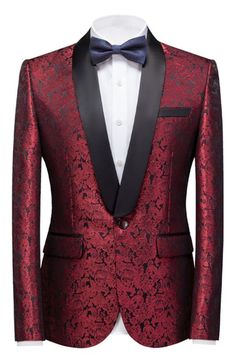 BradyMensuit is your ultimate source for Bryce Ruby Slim Fit Jacquard Wedding Mens Suit. Our Red Shawl collar wedding groomsmen suits come in modern styles & colors with high quality and free shipping. Prom Suits For Black Men, Red Prom Suits, Suits For Black Men, Wedding Suit For Men, Lapel Wedding, Mens Sports Coat, Coat Elegant, Elegant Suit, Mens Blazer