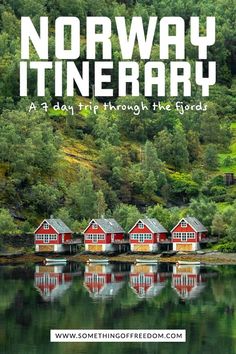 the cover of norway itinerary, featuring red houses and trees in the background