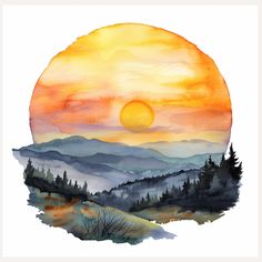 a watercolor painting of the sun setting over mountains