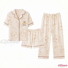 Qteee - Lapel Pajama Set with Charming Cartoon Bunny Bear Print - Three-Piece Collection Printed White Sleepover Sets, White Printed Sleepover Sets, Casual Beige Set For Sleepover, Beige Casual Pajama Party Sets, Casual Beige Pajama Party Sets, Casual Beige Sets For Pajama Party, Cute Cream Loungewear Sets, Casual Cream Pajama Party Sets, Casual Cream Sets For Pajama Party