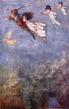 three children are flying in the sky