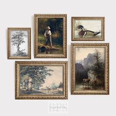 four framed paintings of ducks and other wildlife in various frames on the wall above them is a painting of a man with a mallard