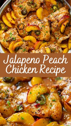 jalapeno peach chicken recipe in a skillet with the title above it