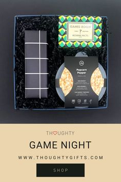 the game night gift box is shown with its contents