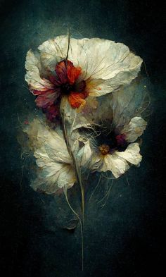 two white flowers with red centers on a dark background, in the middle of an image