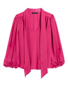 Petite Satin Tie-Neck Top | Banana Republic Venus Fashion, Volume Sleeves, Linen Top Women, Stitching Dresses, Fashion Top Outfits, Tuxedo Style, Tie Neck Tops, Trendy Fashion Tops, Simple Pakistani Dresses