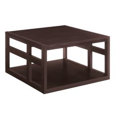 a square coffee table with two shelves on each side