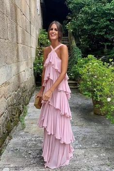 A Line Straps Tiered Chiffon Floor Length Long Prom Dress Pink Formal Evening Dresses Lulus Wedding, Prom Dress Pink, Backless Evening Gowns, Robes Glamour, Pink Bridesmaid Dress, Floor Length Prom Dresses, Looks Party, فستان سهرة, Pink Prom Dresses