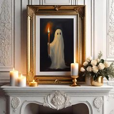 a painting of a ghost holding a lit candle in front of a fireplace mantel