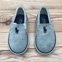 Brand New Polo By Ralph Lauren Grey With Navy Logo Shoes Baby Size 6 Tt Casual Slip-on Canvas Shoes With Soft Sole, Gray Casual Sneakers With Soft Sole, Casual Gray Sneakers With Soft Sole, Polo Ralph Lauren Shoes, Lauren Grey, Logo Shoes, Navy Logo, Ralph Lauren Logo, Ralph Lauren Shoes