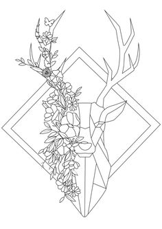 a deer head with flowers on it in the middle of a geometric design coloring page