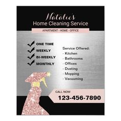 a cleaning business card with the words, home cleaning service and pink glitter sprayer