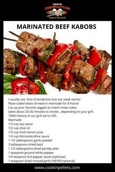 the recipe for marinated beef kabobs on skewers is shown here