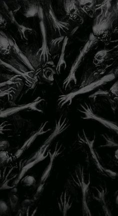 a bunch of creepy hands reaching towards each other in the middle of a black and white photo