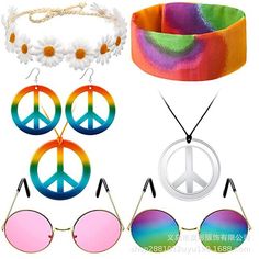 sunglasses, headband and bracelets with peace signs on them are all in different colors