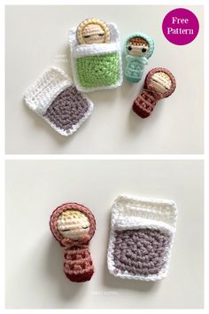 three crocheted items are shown with the words, free pattern and instructions to make them