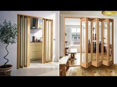 an open living room and dining area with wooden doors