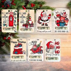 four christmas cards with santa claus and other holiday related items on them in front of a pine tree