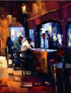 an oil painting of people sitting at a bar in the evening time with lights on